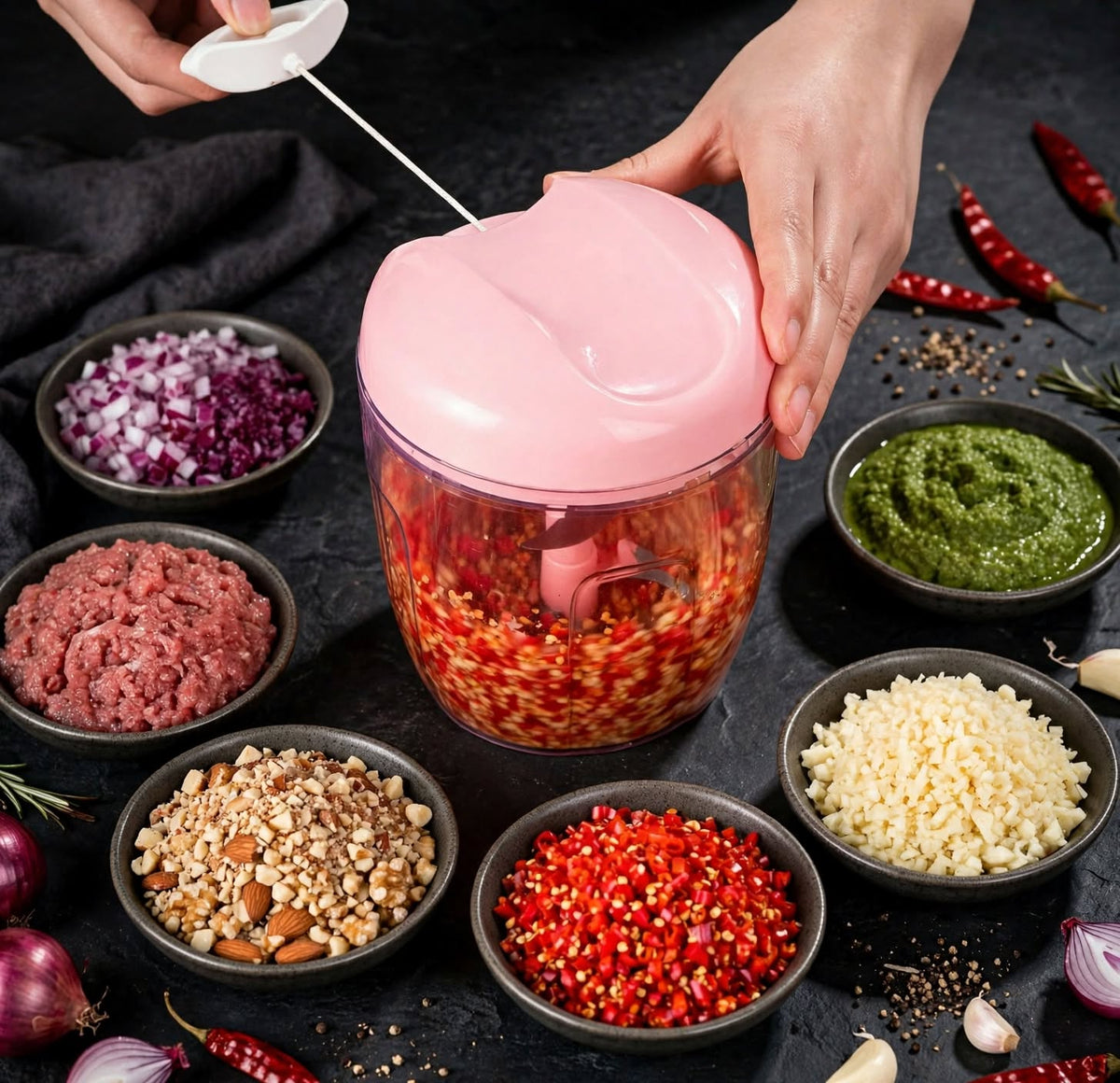 Manual Vegetable Chopper | Pull-Cord Kitchen Chopper